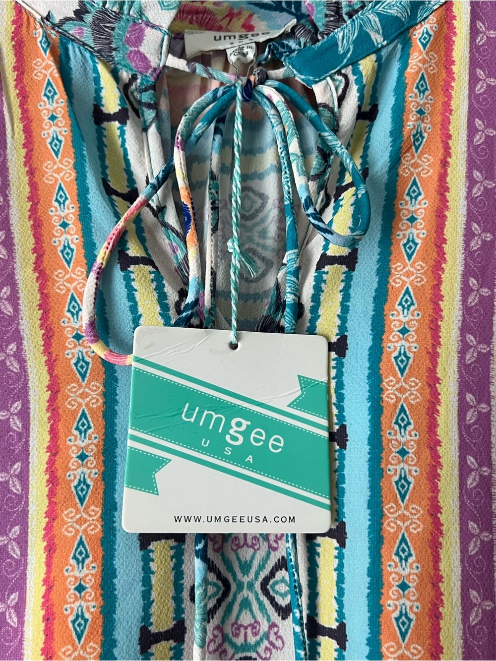 Umgee Teal & Multi-Color Floral Ruffle Tie-Neck Mini Dress - Picture 6 of 11